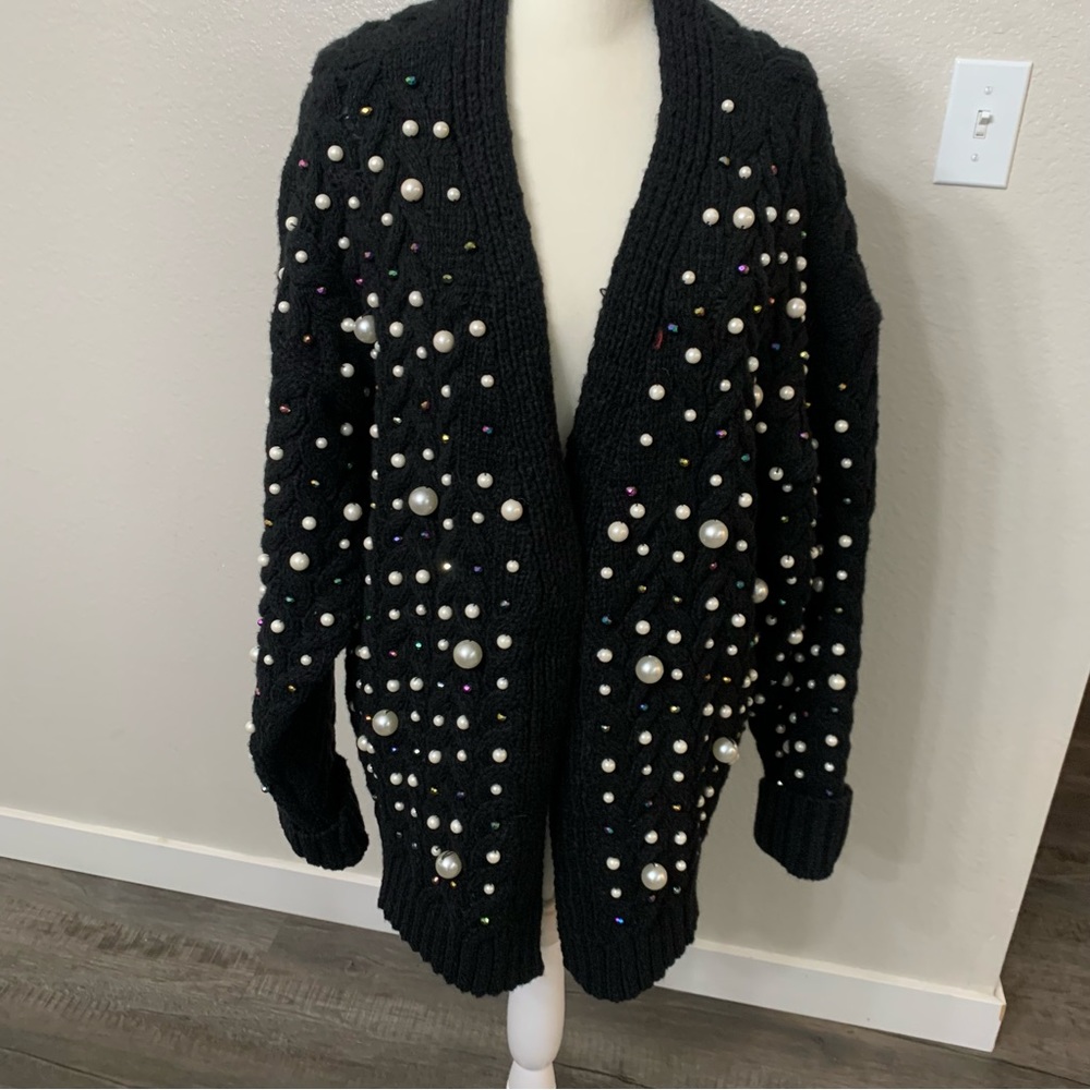 NWT Bibi black knit pearl/jewel cardigan sz XL